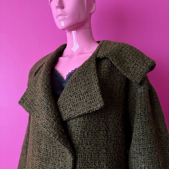 ASOS 8 Coat Olive Green Hooded Wool Blend Chunky Woven Boucle Tweed Outerwear - Picture 8 of 15